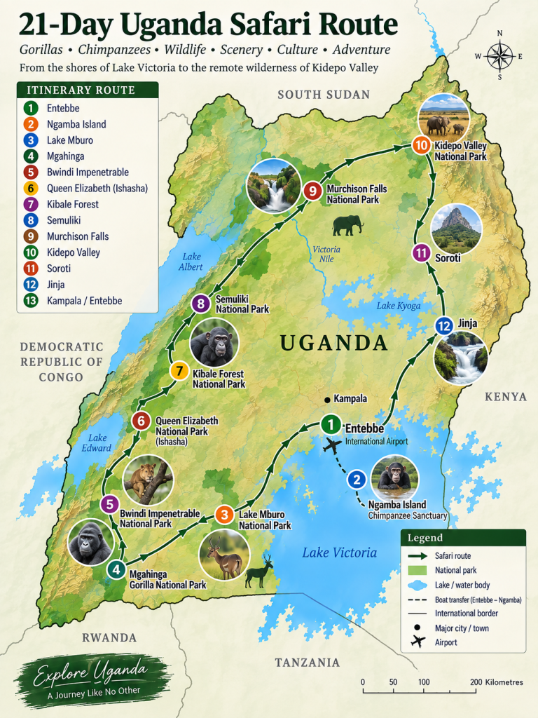 21 Days Uganda Gorilla, Chimpanzee & Wildlife Safari route Map 