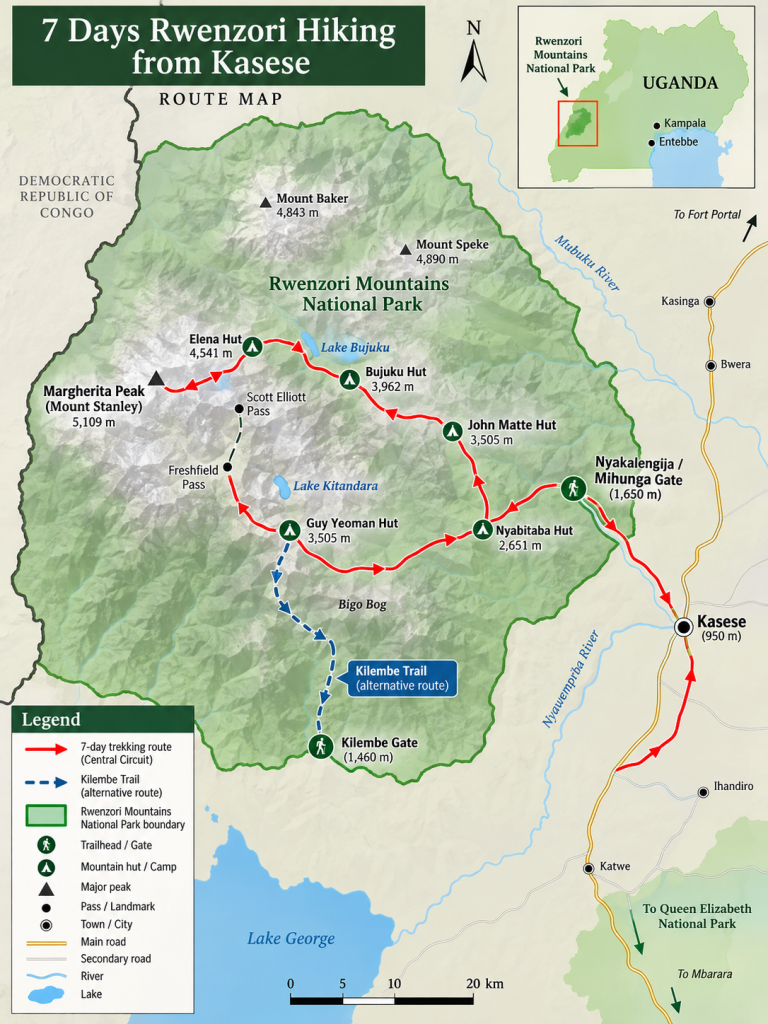 7 Days Rwenzori Hiking from Kasese through forests, moorlands and high-altitude mountain landscapes in Uganda's Rwenzori Mountains.